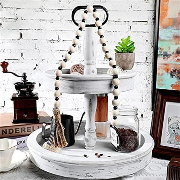 Coffee Bar Tiered Tray Decor Coffee Wood Bead Garland with Tassel Rustic Decor - Picture 6 of 6